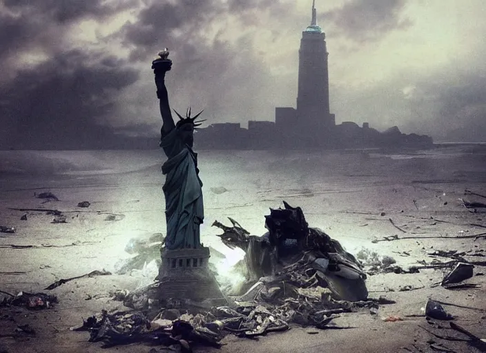 Prompt: a Photorealistic dramatic hyperrealistic render of a ruined destroyed decayed statue of liberty laying in pieces on a desolate beach in a post-apocalyptic world, futuristic nuclear apocalyptic planet of the apes vibe, by WLOP and Artgerm and Greg Rutkowski and Alphonse Mucha, Beautiful dynamic dramatic dark moody lighting, shadows, cinematic atmosphere, Artstation, concept design art, Octane render, 8K, masterpiece