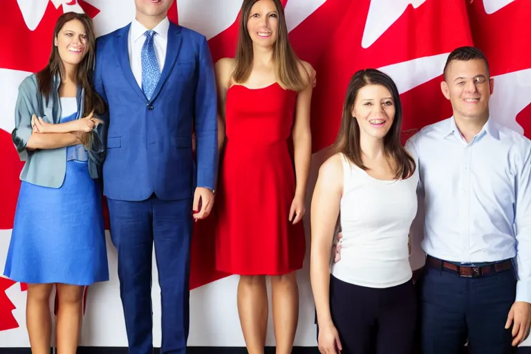 Image similar to full body portrait of a 3 5 year old man standing with his arms around his two girlfriends, one on either side, infront of a line of canadian flags. everyone is wearing formal business attire. atmosphere is serious, dignified, traditional. official government portrait. oil painting, very realistic, 2 1 st century