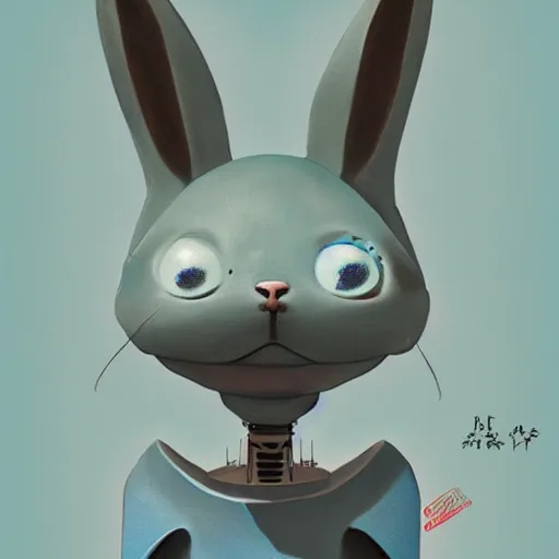 Image similar to artstation, by hayao myazaki, concept art, digital art, light blue, 2 - dimensional, 2 d, a rabbit robot