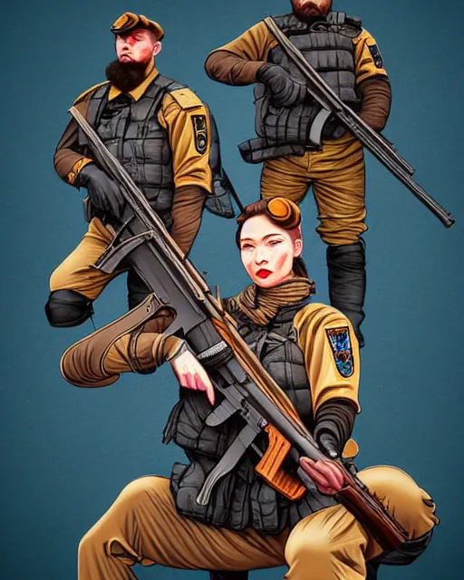 Image similar to richly detailed color illustration of a militia-protest-faction illustrated by Artgerm and Mina Petrovic and Timothy Kong and Marina Federovna. 3D shadowing