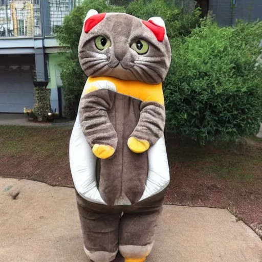 Prompt: This is an image of a sad, soaking wet brown tabby cat wearing an inflatable koala costume.