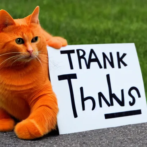 Prompt: orange cat holding a sign that says