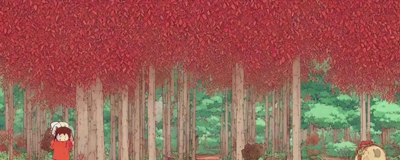 Image similar to an endless canopy of red leaves, illustrated style in the style of studio Ghibli, My neighbor totoro, day