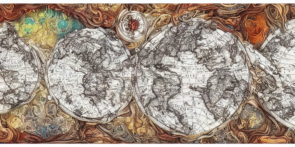 Image similar to highly detailed labeled atlas map poster of a synthetic planet, heraldic, detailed, paper drawing, fractal structure, golden, silver and crimson ink, factories and nature, intricate details