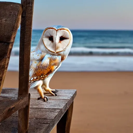 Image similar to barn owl standing in a chair at the beach, canon photo, very detailed, winning award photo, golden hour