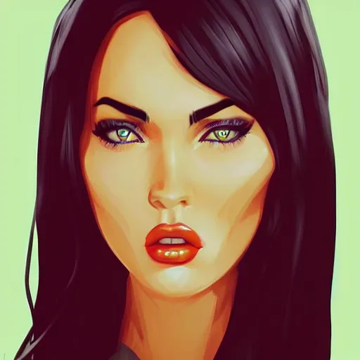 Prompt: megan fox portrait by pegah arabi artstation, cartoon face, lo fi anime, character art, digital illustration, big eyes, triangular face, semirealism,