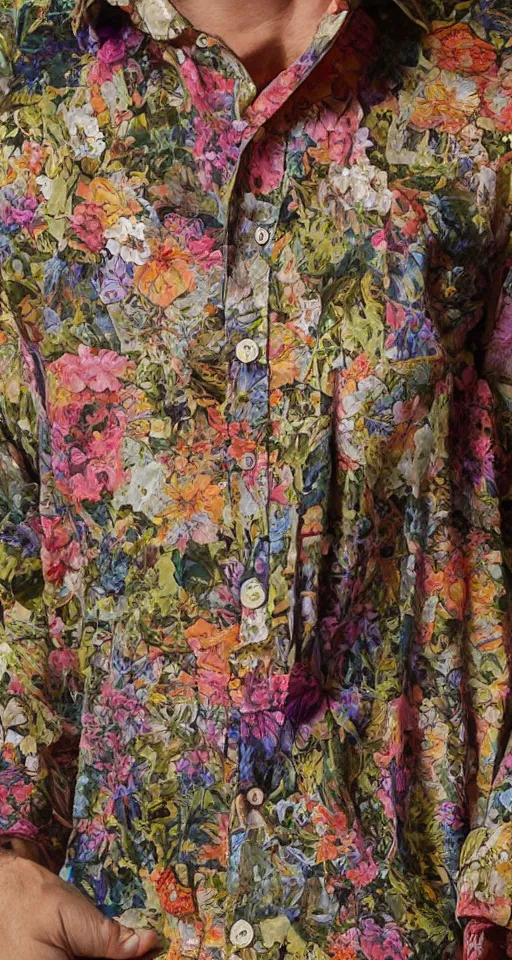 Image similar to close up of max payne floral shirt in a bar, sun shining, photo realistic illustration by greg rutkowski, thomas kindkade, alphonse mucha, loish, norman rockwell.