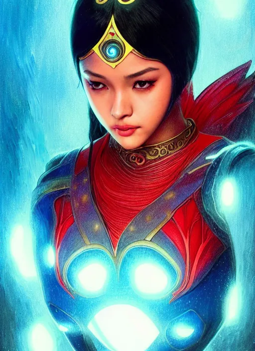 Prompt: liza soberano as darna, wax figure, glowing eyes, volumetric lights, red and cyan theme, art nouveau botanicals, intricate, highly detailed, digital painting, artstation, concept art, smooth, sharp focus, cinematic, illustration, beautiful face, art by artgerm and greg rutkowski and alphonse mucha