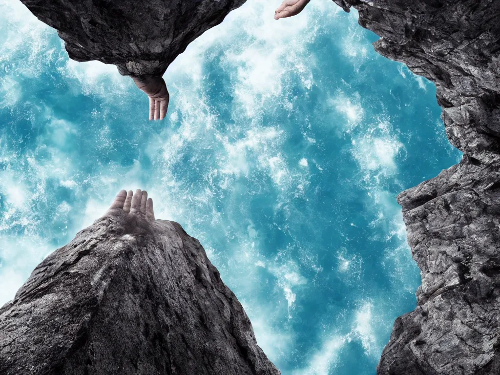 Image similar to the edge of the world, 4k, epic scene, giant android hand reaching out of a chasm