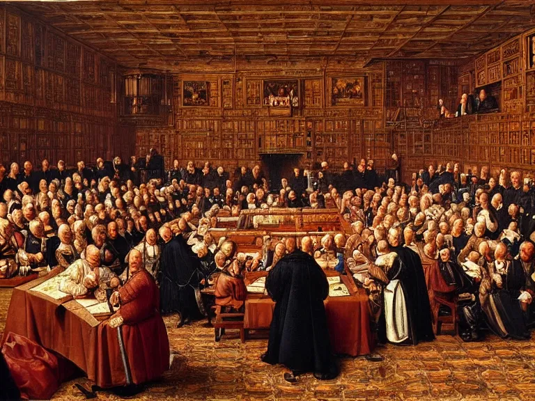 Prompt: “ a debate in house of lords by leopold braun, 1 6 th century, medieval, tudor, oil on canvas, highly detailed, artstation hd ”