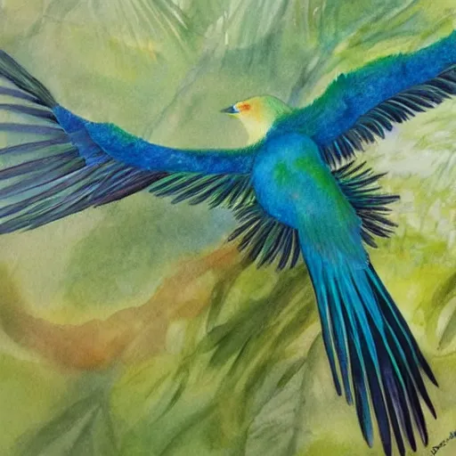 Image similar to A realistic painting of a Quetzal in flight, watercolour, pastel colours