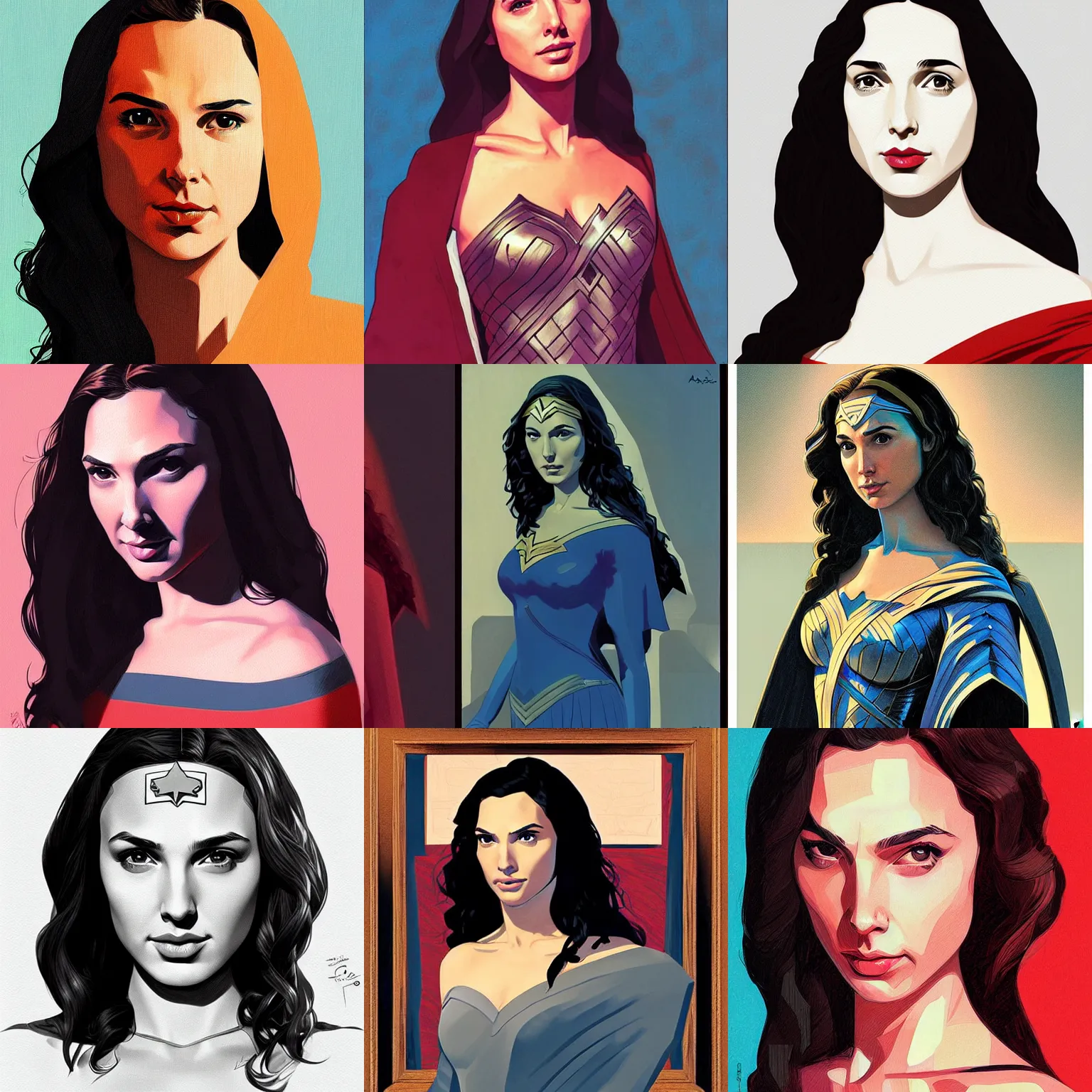 Prompt: gal gadot in the style of the monalisa by alex ross by moebius by atey ghailan