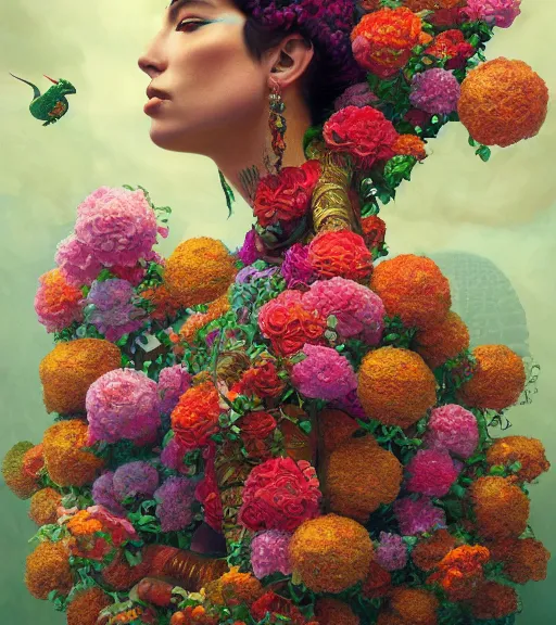 Image similar to portrait of quetzalcoatl, surrounded by flowers, by nan goldin, moebius, tom bagshaw, rococo, trending on artstation, muted lighting, hyper realism, octane render, 8 k, hyper detailed, ink by dave gibbons