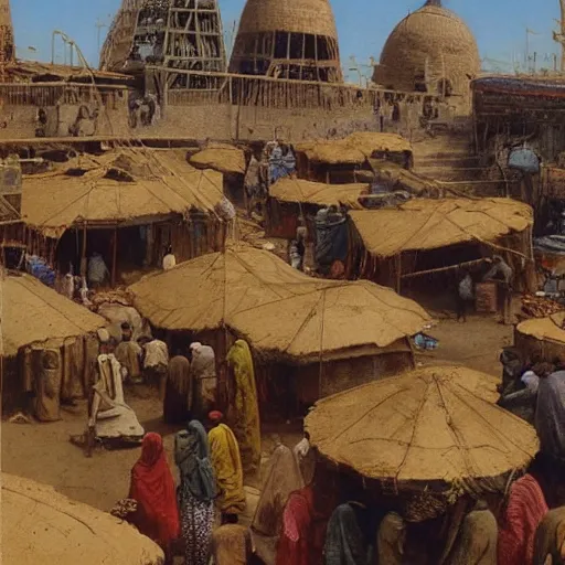 Prompt: a busy bazaar in timbuktu on a sunny day, high detail, beksinski, ted nashmith, moebius