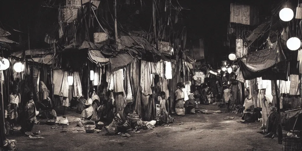 Prompt: african - japanese slum at night. savannah. there are glowing lanterns. street view