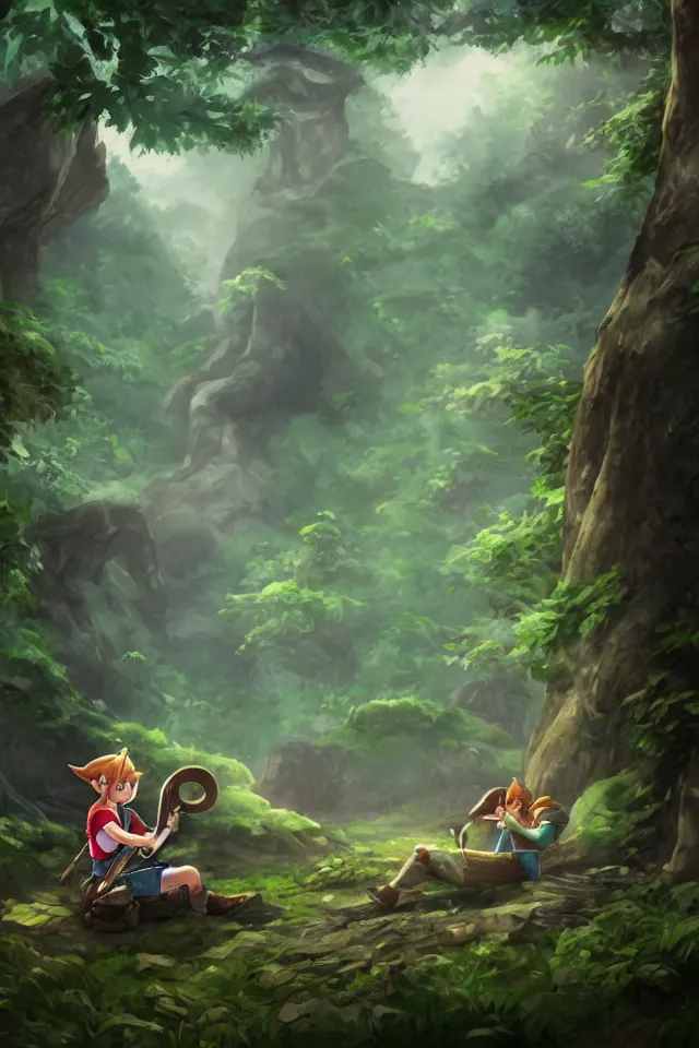 Prompt: a concept scene illustration of link sitting in woods of hyrule playing ocarina, with a crystal texture and a dreamy atmosphere ， super wide angle ， matte painting ， rtx on ， trending on cgsociety and artstation