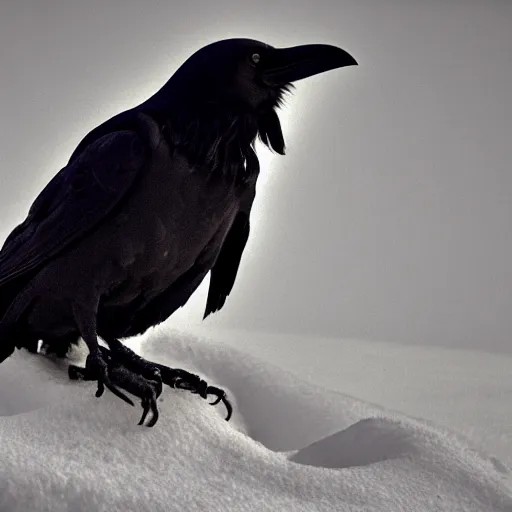 Prompt: a close up of a raven sitting on a skull upon a pile of bones in a snowy field. creepy, occult, horror