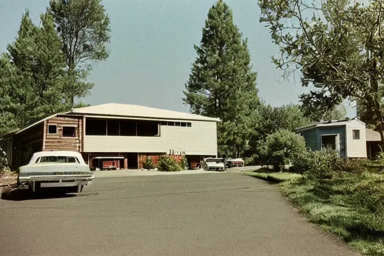 Prompt: 1 9 6 7 washed out kodachrome photo of an ordinary 1 9 6 7 suburban ranch house, garage, bushes