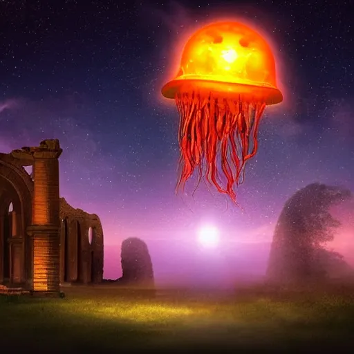 Prompt: a colossal gigantic glowing orange jellyfish hovering beneath a portal in the sky, galaxies and stars in a stylized sky, verdant landscape in the foreground, ancient ruins in the background, digital art