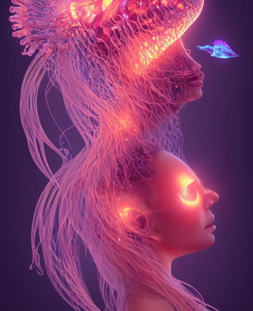 Image similar to goddess close-up portrait. colibri orchid jellyfish phoenix head, nautilus, skull, betta fish, bioluminiscent creatures, intricate artwork by Tooth Wu and wlop and beeple. octane render, trending on artstation, greg rutkowski very coherent symmetrical artwork. cinematic, hyper realism, high detail, octane render, 8k