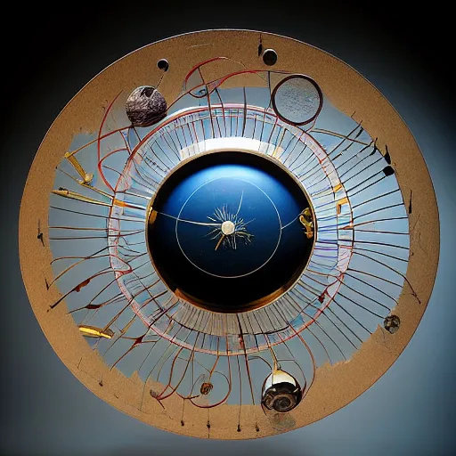 Image similar to a kinetic sculpture of this solar system, sun, mercury, venus, earth, mars, jupiter, saturn, uranus, neptune, pluto, orrery, canon 5 d 5 0 mm lens, papier - mache, studio, circa 1 8 9 5