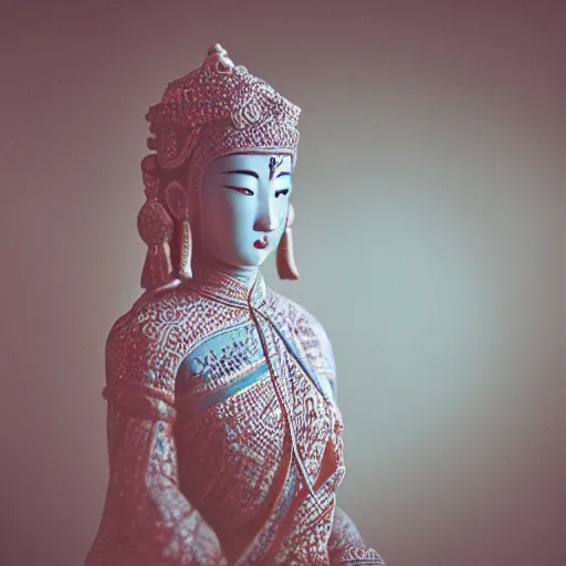 Image similar to photography of asian female sculpture with detailed ornaments, models behind white curtains, dramatic light, cinestill, filmstill, bokeh, long exposure, god rays, magic hour