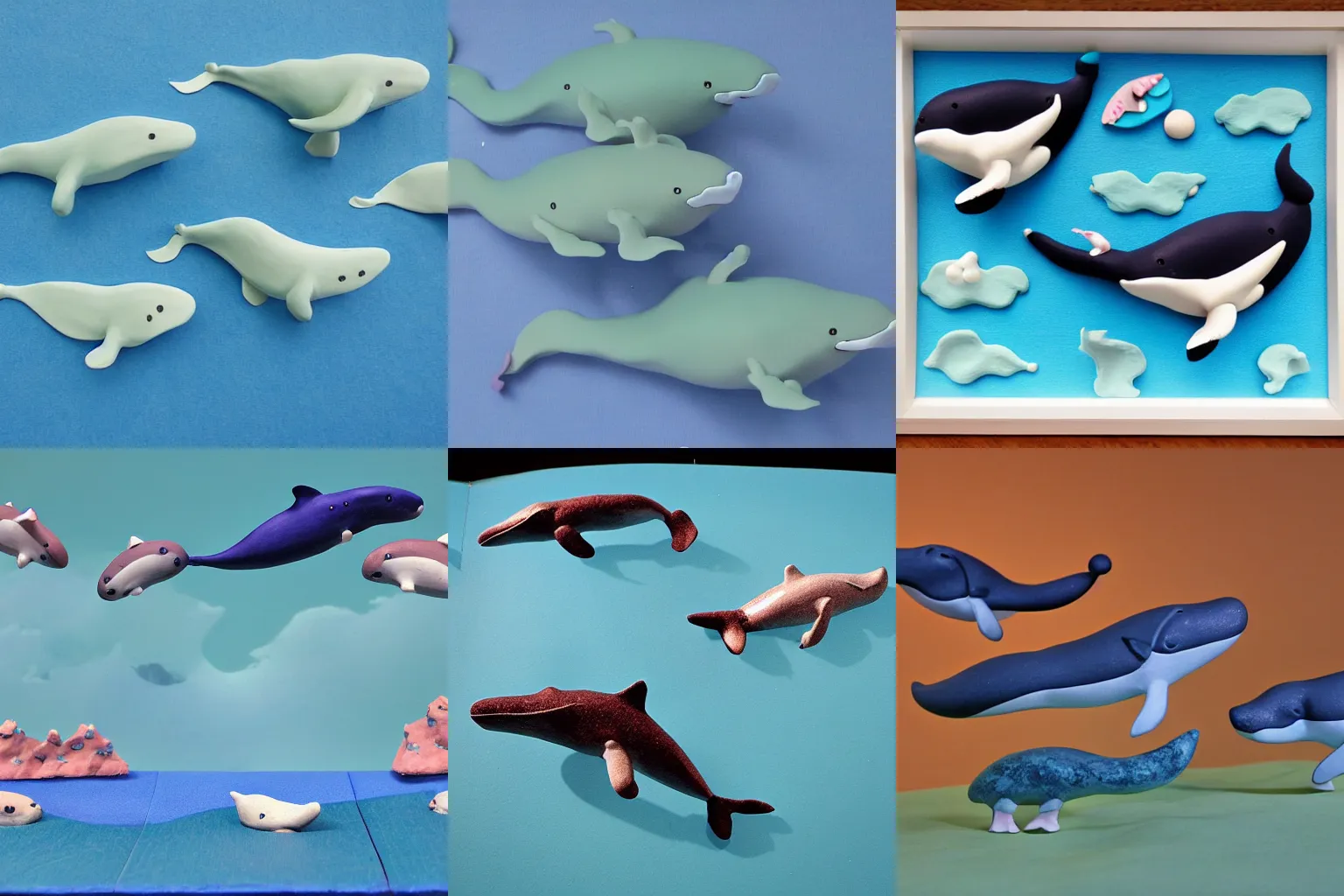 Prompt: claymation whales leaping far above the ocean