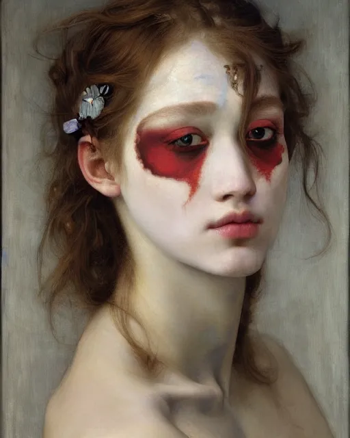 Image similar to a beautiful girl wearing face paint, by edgar maxence and caravaggio and michael whelan, intricate painting, hyper realistic, extremely detailed and beautiful aesthetic face, 8 k resolution