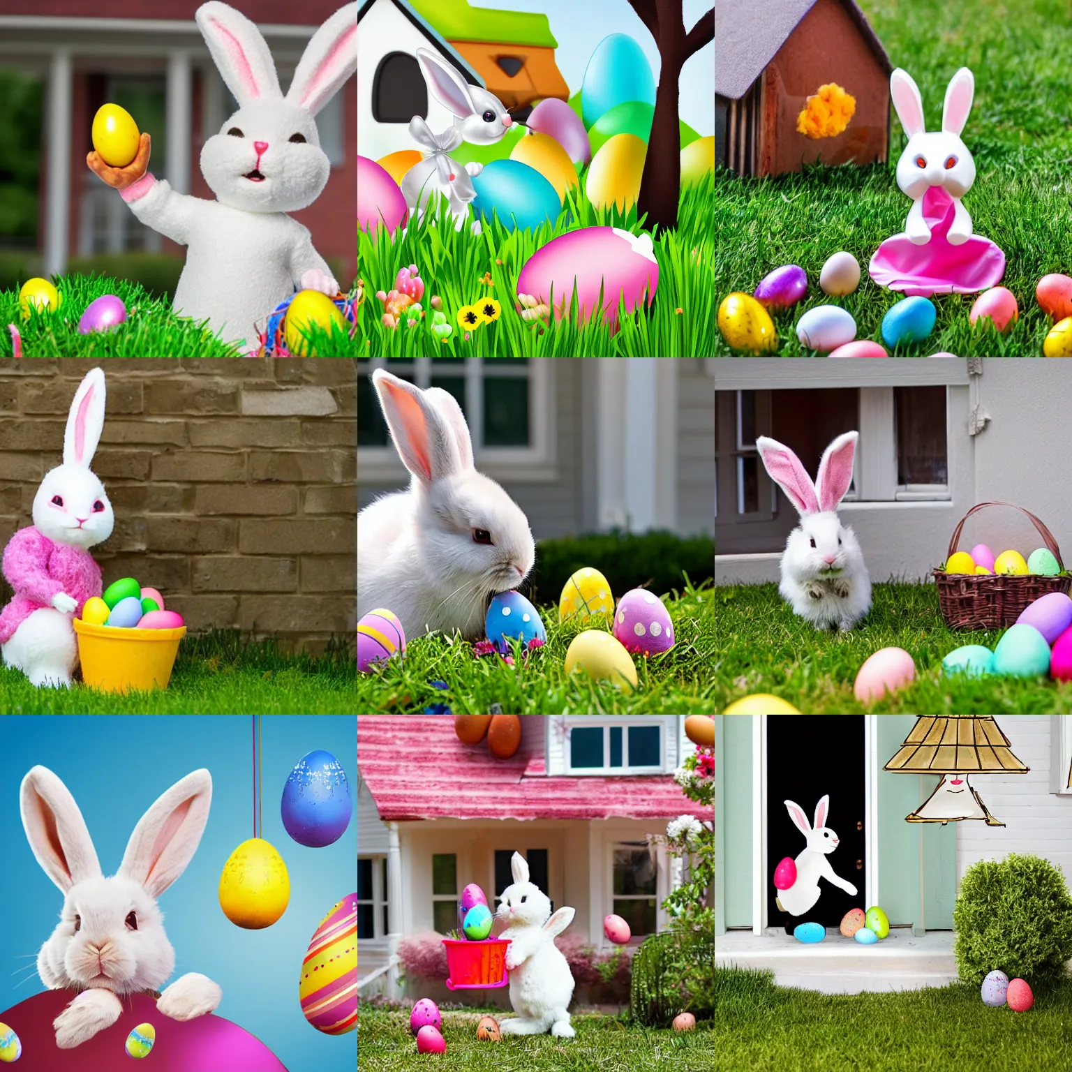 Prompt: easter bunny throwing eggs at a house
