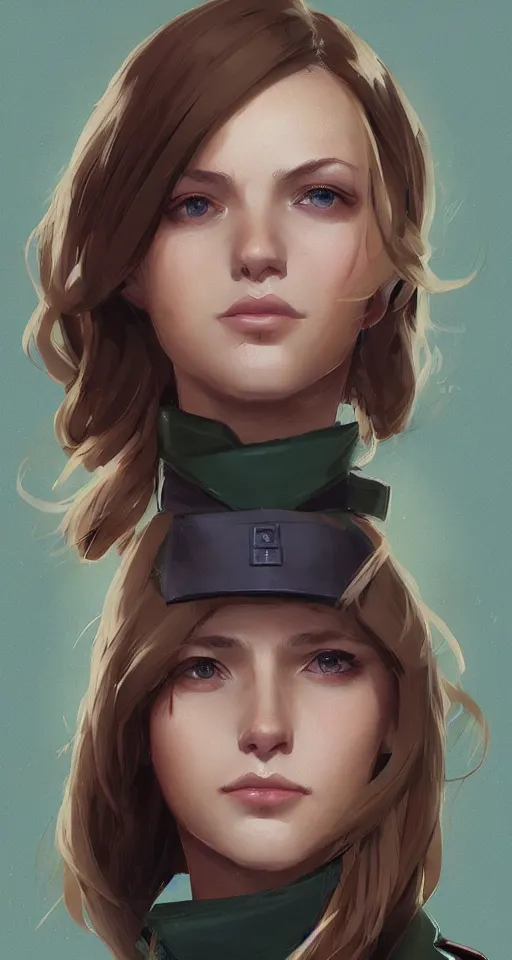 Prompt: portrait of young woman with light brown shoulder length hair and hazel eyes dressed in a sharp dark teal military uniform, smiling, ilya kuvshinov, svetlana tigai, greg rutkowski, loish, artgerm, digital painting, concept art