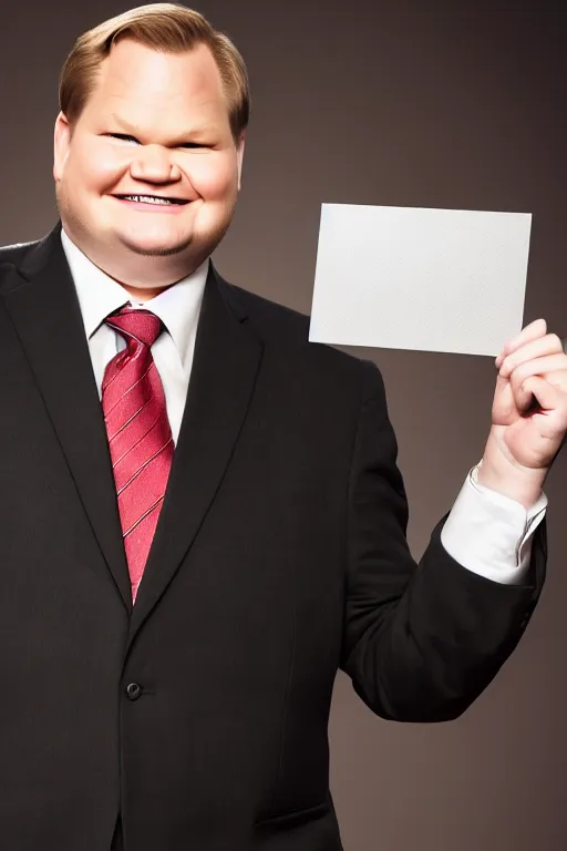 Image similar to andy richter in a suit and necktie, ultra hd photo, 3 5 mm close up, fish eye, realistic, smiling, holding a postcard from chicago