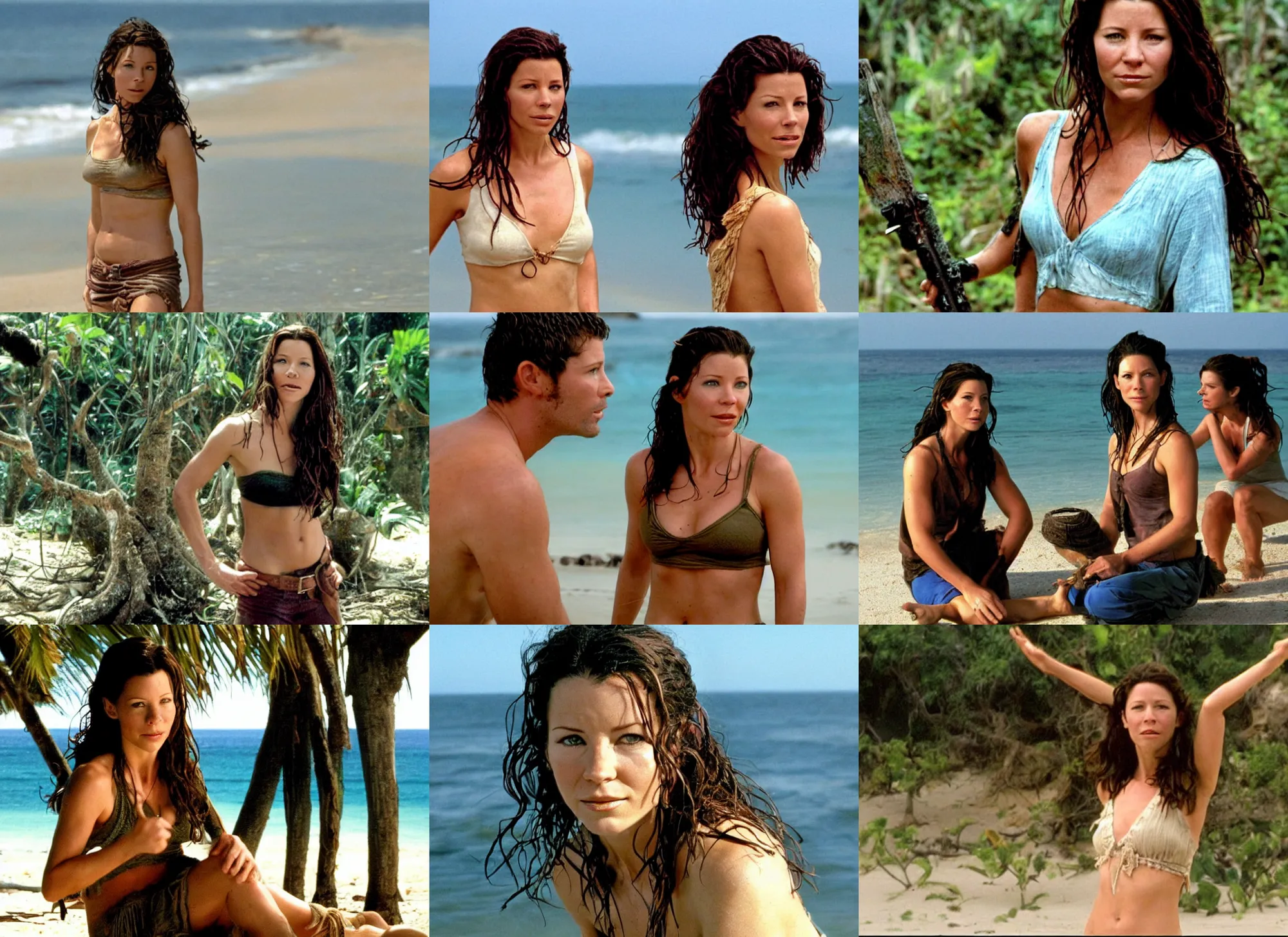 Prompt: evangeline lily as kate austen on a tropical beach in tv series lost ( 2 0 0 4 )