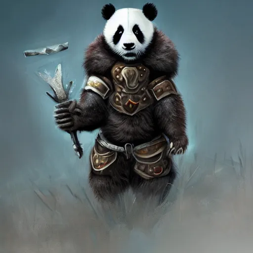 Prompt: very cute and happy warrior panda in armor, eerie, intricate, highly detailed, sorrow, dramatic, emotional, proud, matte painting, award - winning art, cute, happy, trending on artstation, digital art, 8 k