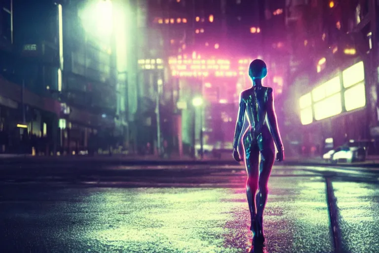 Prompt: VFX movie portrait closeup beautiful blade runner giant hologram woman glowing translucent skin, natural night street lighting in the city alley by Emmanuel Lubezki
