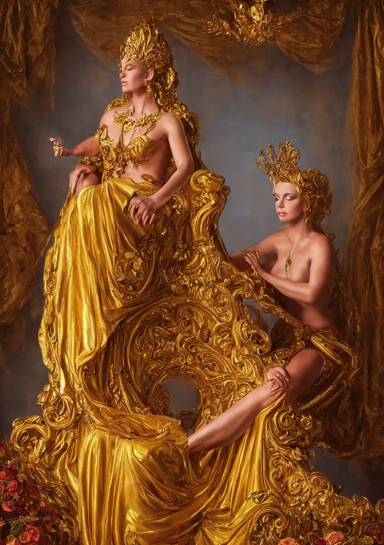 Image similar to a beautiful painting of a golden goddess sitting on a throne, detailed portrait, dennis velleneuve, warm colors, ultra realistic, 8 k, photography