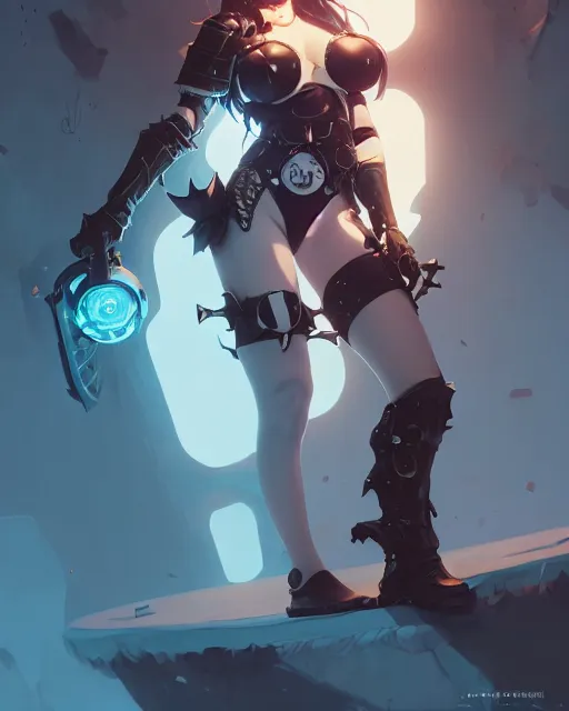 Image similar to portrait of cute goth girl in cyber bikini armor, warhammer, by atey ghailan, by greg rutkowski, by greg tocchini, by james gilleard, by joe fenton, by kaethe butcher, dynamic in lighting, gradient light blue, brown, blonde cream and white color scheme, grunge aesthetic