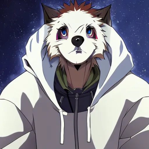 Prompt: key anime visual portrait closeup of a handsome male anthro wolf furry fursona with beautiful eyes, wearing a hoodie, official modern animation