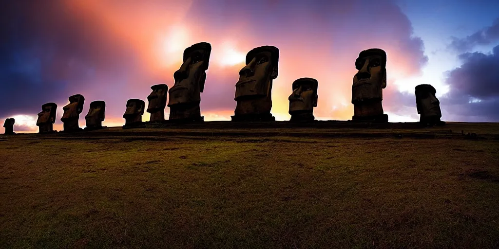 Prompt: amazing landscape photo of astronaut standing still in front of easter island statues at dusk by Marc Adamus beautiful dramatic lighting