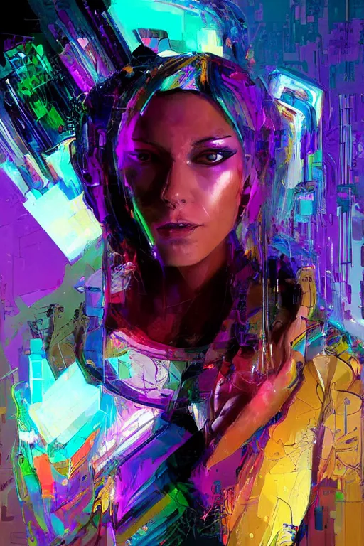 Prompt: portrait, headshot, digital painting, an delightfully mad techno - shaman lady, wink, synthwave, swirly bokeh, glitch, refraction, fracture, realistic, hyperdetailed, chiaroscuro, concept art, art by john berkey