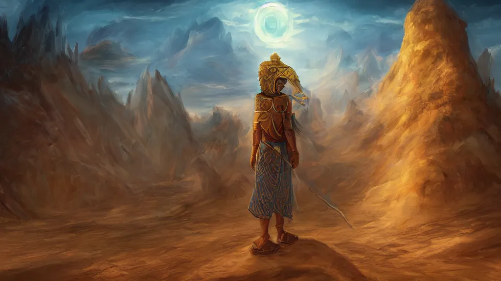 Prompt: landscape, a mage pharaoh is wandering the desert. pharaoh. fantasy, digital painting, hd, detailed.