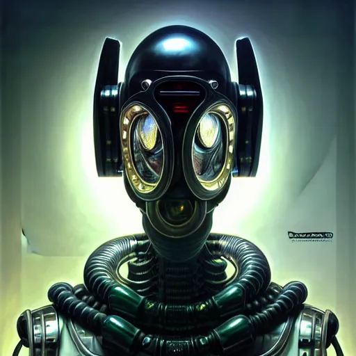 Image similar to front shot of a cyberpunk gazmask robot character, intricate, elegant, highly detailed, centered, digital painting, artstation, concept art, smooth, sharp focus, illustration, artgerm, Tomasz Alen Kopera, Peter Mohrbacher, donato giancola, Joseph Christian Leyendecker, WLOP, Boris Vallejo