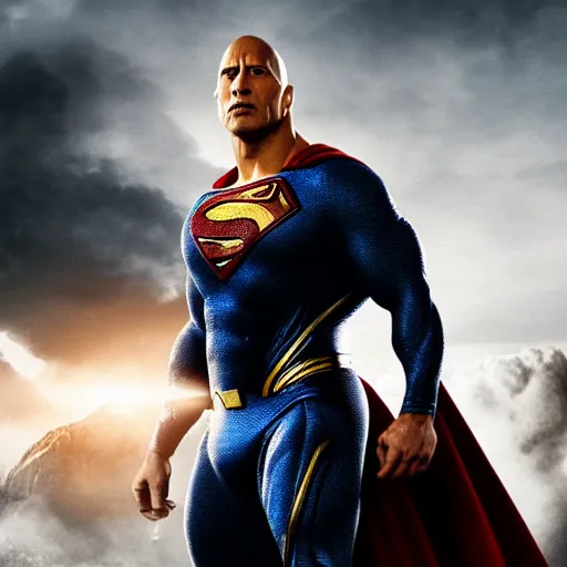 Image similar to Dwayne Johnson as Superman in Justice League, apocalyptic skies behind him, photo, promo shoot, studio lighting
