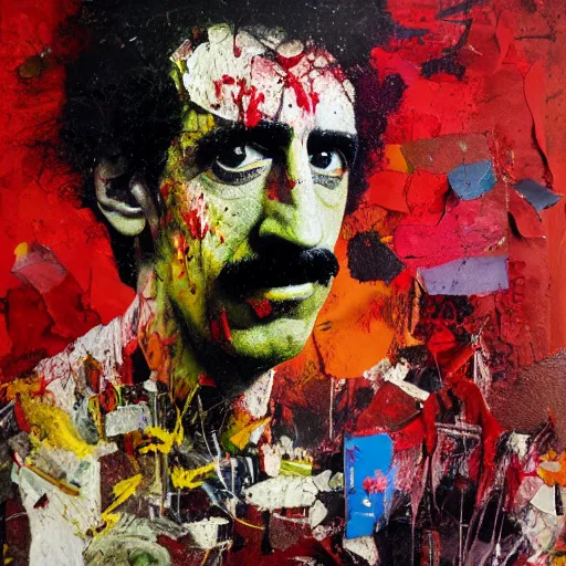 Prompt: hyperrealistic, photorealistic, mixed media oil painting of frank zappa, magazine scraps, plaster, blood, oil, mustard, splatter, greg rutkowski, basquiat, ralph steadman, wesley kimler, terry gilliam, andy warhol, wesley kimler