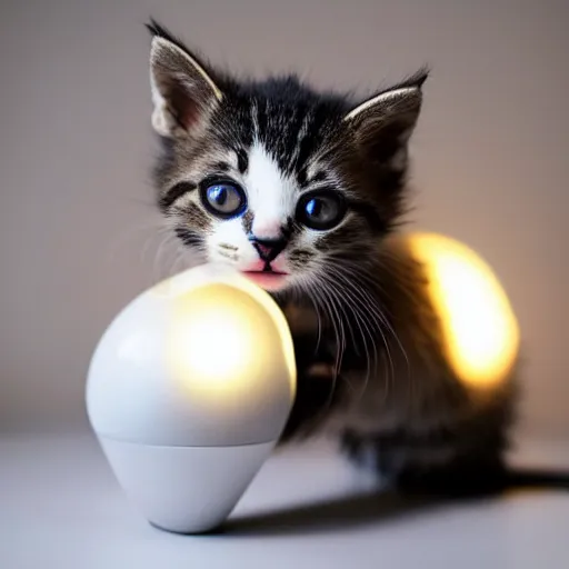 Prompt: a kitten shaped lightbulb glowing a dark room