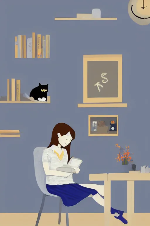 Prompt: a digital painting of a girl reading a book with a cat in A comfortable study room at night,blue and grey theme,JK uniform ,Hairdryer,blue theme,S line, by anmi and reoenl