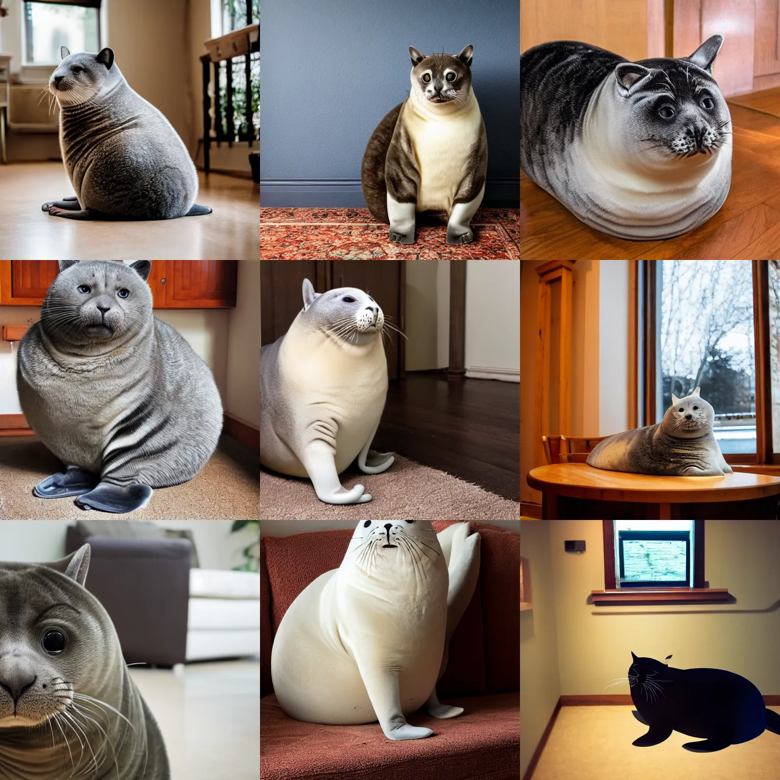 Prompt: a huge Chonker Cat sitting indoors, oh lawd he coming, professional photo, full body view, ((((((((((((fat seal)))))))))))), ((((((((((((((((((((((((seal feet)))))))))))))))))))))))),XF IQ4, 150MP, 50mm, F1.4, ISO 200, 1/160s, natural light