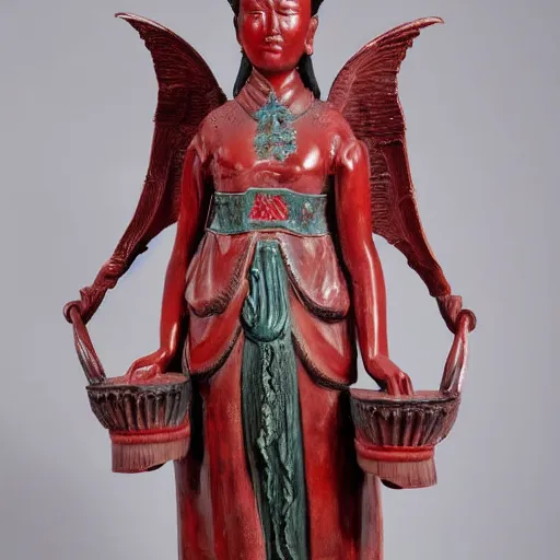 Image similar to museum angeline joile portrait statue monument made from chinese porcelain brush face hand painted with iron red dragons full - length very very detailed symmetrical well proportioned