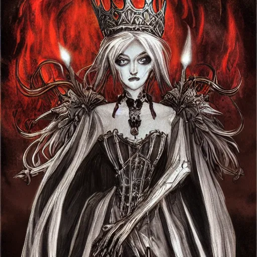 Image similar to Detailed Beautiful and symmetrical witch of fire wearing victorian dress and rusty crown, dark souls, concept art