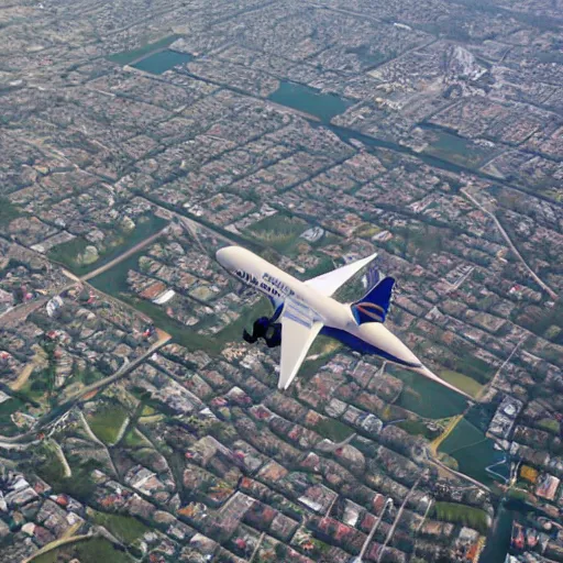 Image similar to pov on the back of a flying bird, a plane arriving in front