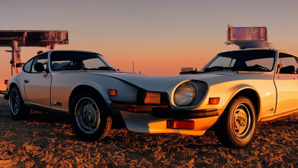 Image similar to synthwave datsun 2 4 0 z at sunset, on the beach, 8 k. filling of the view